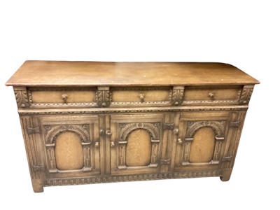 Lot 1356 - Good quality 17th century style carved oak sideboard with three drawers and three arched panelled doors below, 168cm wide, 50.5cm deep, 90.5cm high