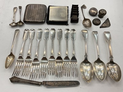 Lot 1132 - Chinese silver pagoda, silver flatware, silver compact, silver cigarette case and other items