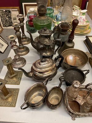 Lot 308 - Group of plated ware, two oil lamps pair of brass candlesticks and a brass school bell