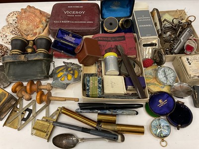 Lot 313 - Group of penknives, pens, shells, pair of opera glasses, two compass and other items