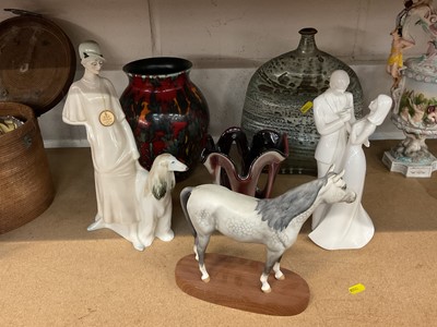 Lot 81 - Poole pottery vase, two Royal Doulton figures, Beswick horse, studio glass vase and a signed studio pottery vase (6)