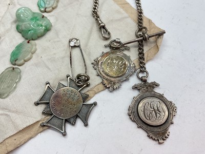 Lot 1118 - Silver fob chain, three silver fobs, silver napkin ring, Chinese jade/ green hard stone carvings, Victorian aide memoire, cufflinks and other items