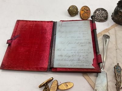Lot 1118 - Silver fob chain, three silver fobs, silver napkin ring, Chinese jade/ green hard stone carvings, Victorian aide memoire, cufflinks and other items