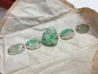 Lot 1118 - Silver fob chain, three silver fobs, silver napkin ring, Chinese jade/ green hard stone carvings, Victorian aide memoire, cufflinks and other items
