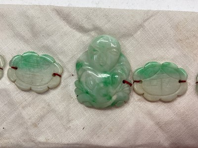 Lot 1118 - Silver fob chain, three silver fobs, silver napkin ring, Chinese jade/ green hard stone carvings, Victorian aide memoire, cufflinks and other items