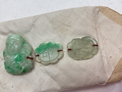 Lot 1118 - Silver fob chain, three silver fobs, silver napkin ring, Chinese jade/ green hard stone carvings, Victorian aide memoire, cufflinks and other items