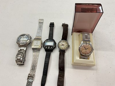 Lot 1119 - Vintage Pioneer stainless steel wristwatch, vintage Smiths Empire wristwatch on leather strap and three other watches (5)