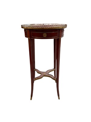 Lot 160 - Early 19th century Danish circular side table, with pierced gallery and glazed top, with brass mounted frieze drawer on slender supports and wavy x-shaped stretcher, with depository label inscri...