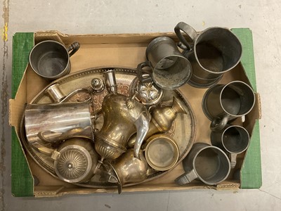 Lot 428 - Group of metal wares to include a silver plated teaset and pewter tankards (1 box).