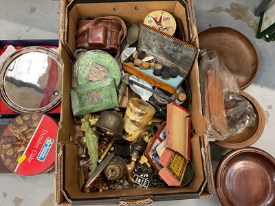 Lot 332 - Box of metal wares, treen bowls, set of cased dominoes, horn beaker, cameras and other items