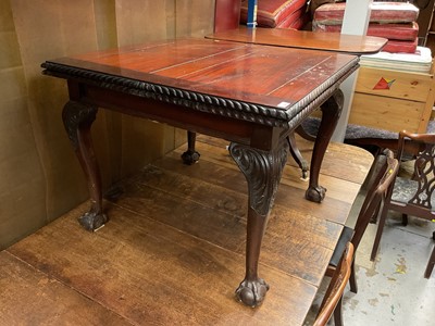 Lot 1402 - Georgian style Chippendale revival mahogany draw leaf dining table on carved cabriole legs with claw and ball feet, together with a set of eight chairs, comprising six standards and two carvers