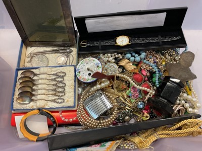 Lot 1121 - Costume jewellery, silver photograph frame, set of six continental silver (800) coffee spoons, two coin pendant necklaces and other bijouterie