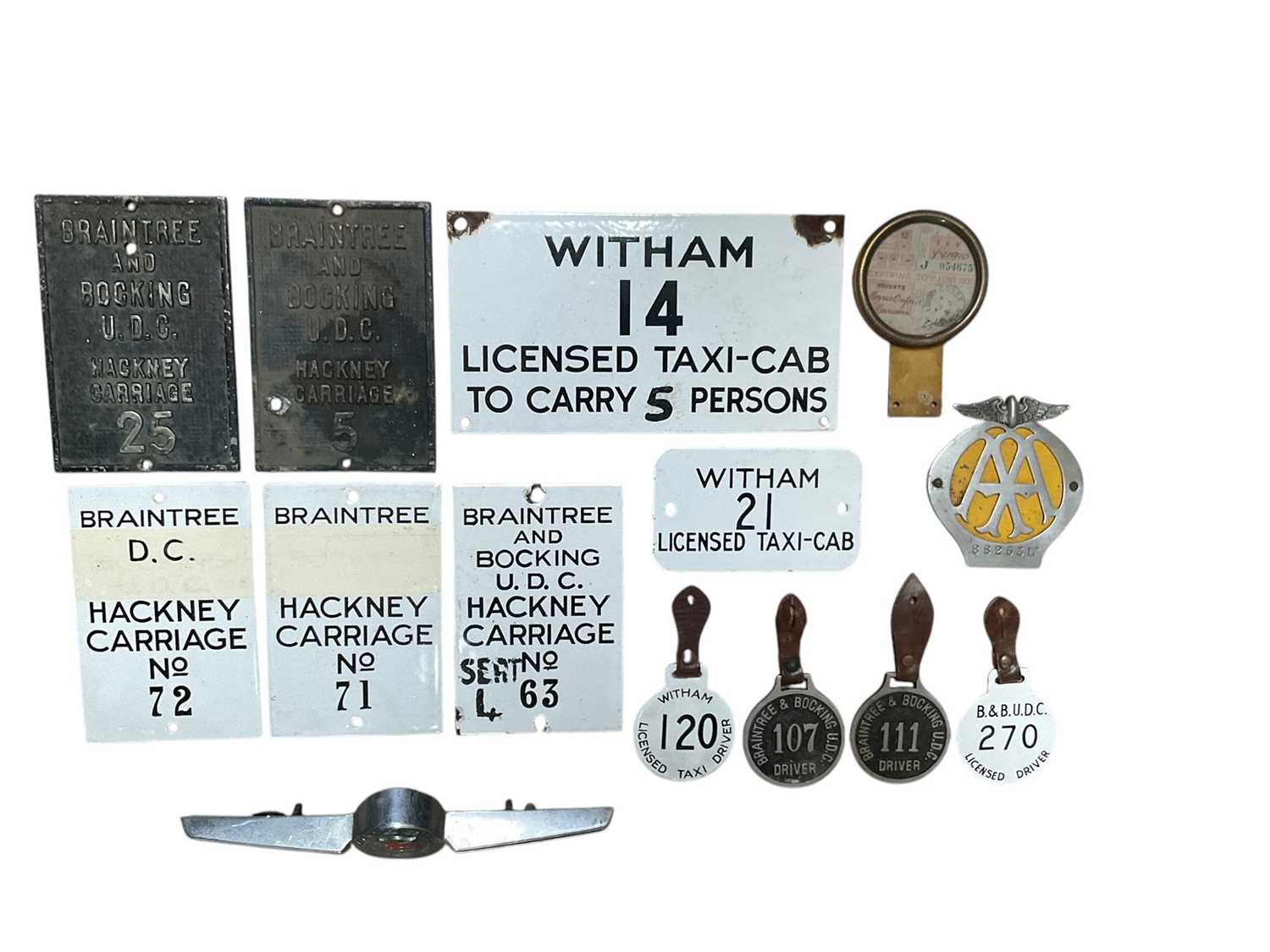Lot 8 - Collection of vintage enamelled Braintree, Bocking and Witham Hackney Carriage and Taxi - Cab licenses and plaques together with a vintage AA badge, Morris badge and 1930's tax disc.