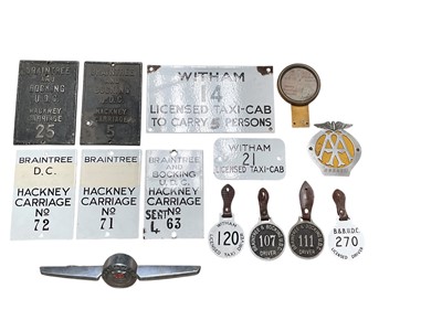 Lot 8 - Collection of vintage enamelled Braintree, Bocking and Witham Hackney Carriage and Taxi - Cab licenses and plaques together with a vintage AA badge, Morris badge and 1930's tax disc.