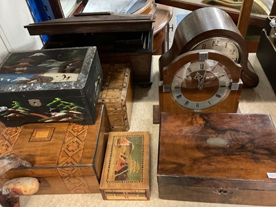 Lot 345 - Group of wooden work boxes, sarcophagus shaped tea caddy and two mantle clocks