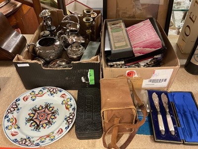 Lot 346 - Group of plated items, flatware, vintage camera, sundries and an 18th century Delft plate