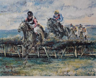 Lot 382 - Claire Eva Burton, group of six signed limited edition racing prints to include The Derby, Grand National and others, four with certificates, each in glazed frame (6)