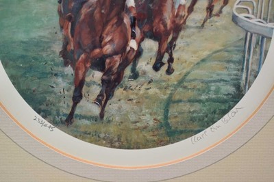 Lot 382 - Claire Eva Burton, group of six signed limited edition racing prints to include The Derby, Grand National and others, four with certificates, each in glazed frame (6)