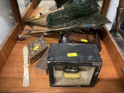 Lot 223 - Works of art including boxes, peacock feather fan other items