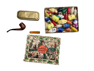 Lot 374 - 18th century Dutch brass tobacco box, a Peterson's pipe, amber cheroot, and a box of vintage glass Christmas lights