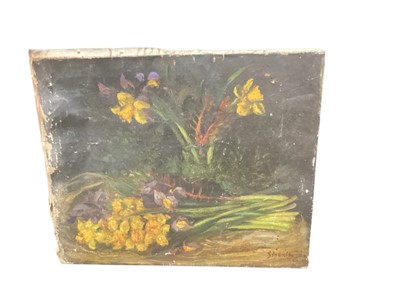 Lot 124 - Stoerts oil on canvas - still life of flowers, signed, together with an oil of a girl with a Bassett Hound dog and a modern framed oil of a river landscape (3)