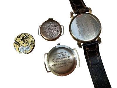 Lot 31 - 1940s Trebex gold cased wristwatch with fancy lugs on brown leather strap, 1970s Rotary gold cased calendar wristwatch, vintage gold plated watch