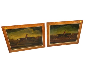 Lot 491 - Two reverse prints on glass of hunting scenes in maple frames (2).