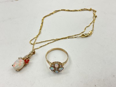 Lot 1130 - Opal, fire opal and diamond pendant on 9ct gold chain and a Victorian style 9ct gold opal cluster ring