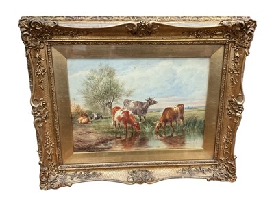 Lot 233 - Follower of Thomas Sidney Cooper, watercolour, cattle watering, bears signature, 26 x 33cm