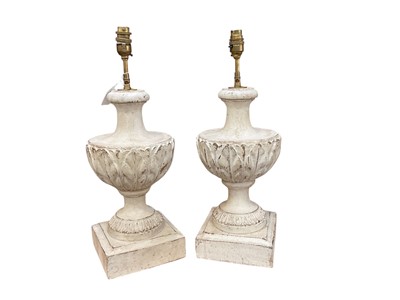 Lot 496 - Pair of good quality white painted wooden 'distressed style' table lamps in the form of classic urns (2).