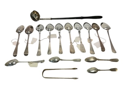 Lot 326 - Group of ten Georgian silver table spoons, George III silver toddy ladle and other items
