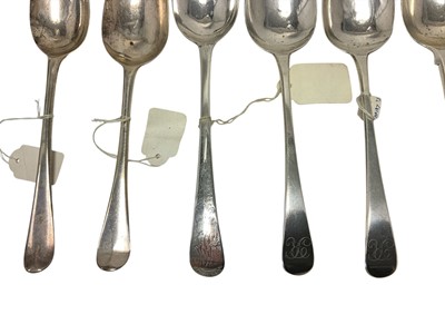Lot 326 - Group of ten Georgian silver table spoons, George III silver toddy ladle and other items