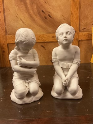 Lot 128 - Pair of Victorian Parian porcelain sculptures by Bell, of young children praying