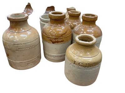 Lot 505 - Interesting collection of fifteen 19th century stoneware jars for jams and preserves, mainly from Gunter & Co of Berkeley Square, London, various named jars including Scot Marmalade, Red Cur...