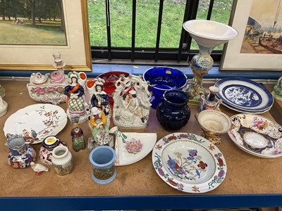 Lot 71 - Group of ceramics and glass, including Victorian Staffordshire figures, Italian maiolica tazza, Derby pot pourri, Regency dishes, antique ceramic bird whistle, etc