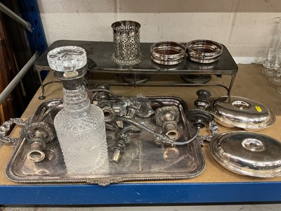 Lot 84 - Antique silver-collared cut glass decanter, together with an antique silver plated hot plate with three burners, and a group of other silver plate