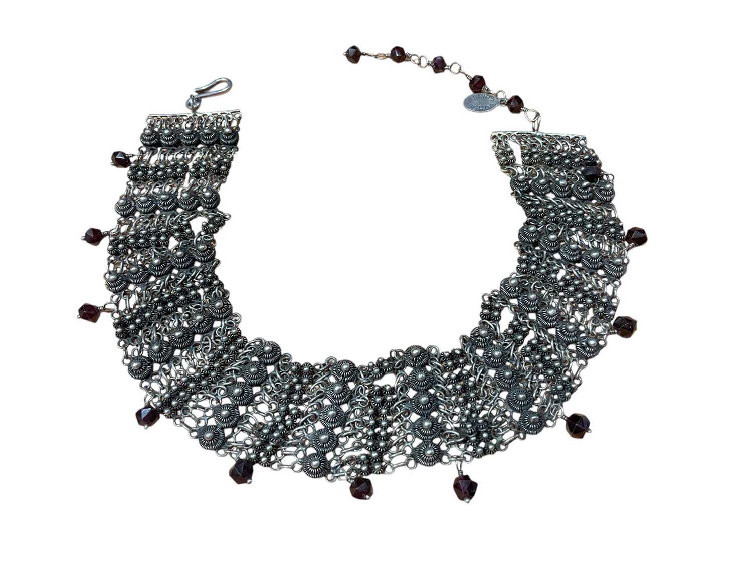 Lot 212 - Yvone Christa silver and garnet chocker necklace with filigree decoration and faceted garnet bead drops