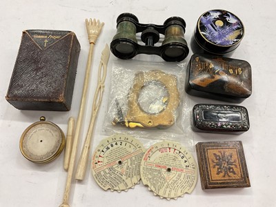 Lot 369 - Japanese lacquer trinket box, Victorian snuff box, bone back scratcher, pocket barometer, pair of opera glasses and other tiems