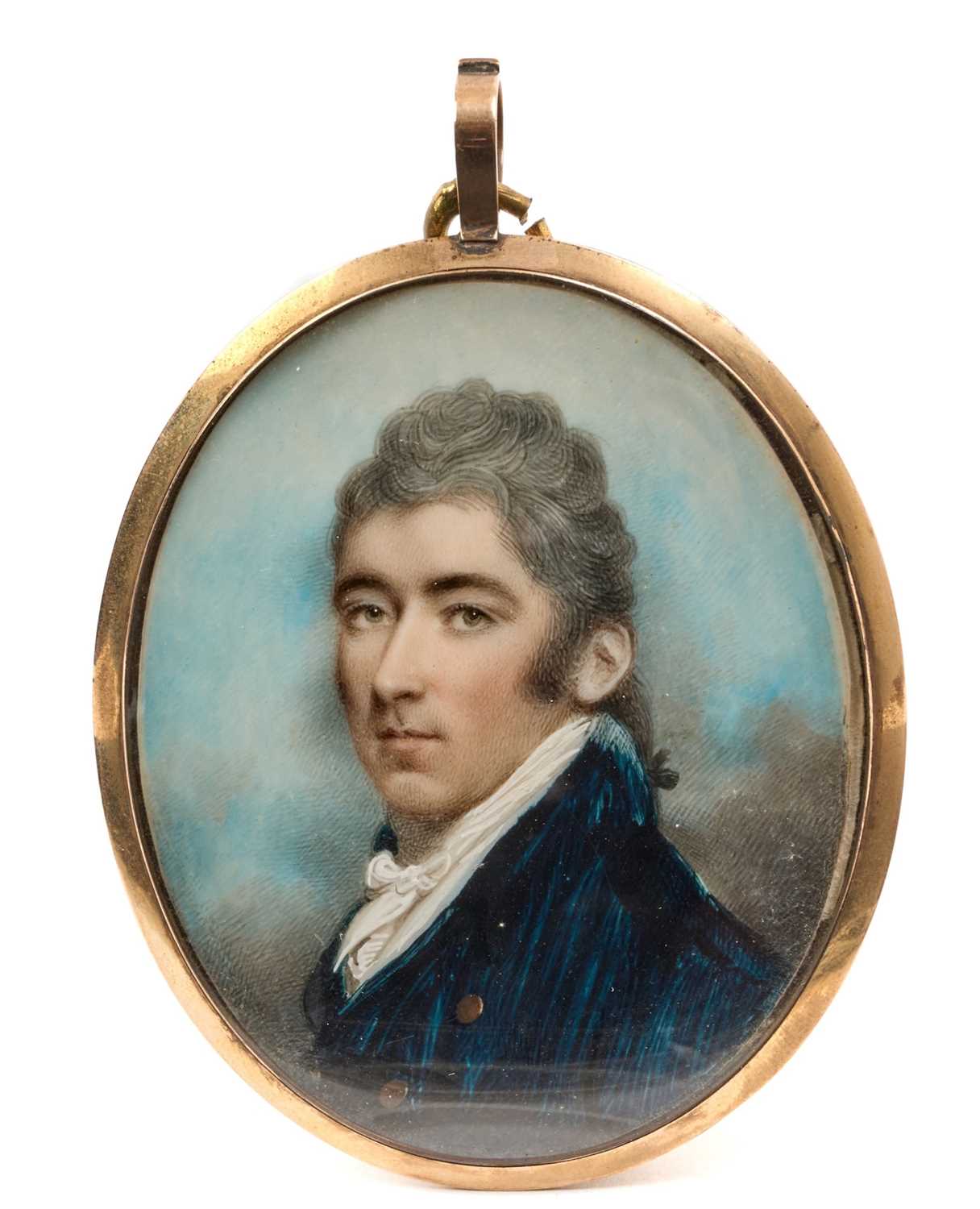 Lot 102 - Attributed to George Engleheart (1750-1829) portrait miniature on ivory, George Wynyard in blue velvet coat with white stock