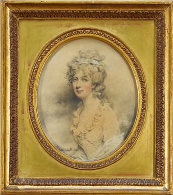 Lot 1344 - John Downman (1750-1824) pencil and pastel oval portrait of a lady, named verso as Charlotte Downman, 18.5cm x 15cm, in gilt frame