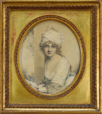 Lot 1343 - John Downman (1750-1824) pencil and pastel oval portrait of a lady, believed to be Maria Cosway (1760-1838), 20cm x 16.5cm, in gilt frame