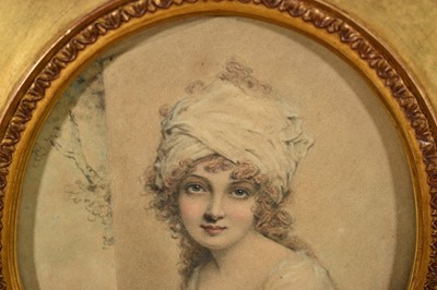 Lot 1343 - John Downman (1750-1824) pencil and pastel oval portrait of a lady, believed to be Maria Cosway (1760-1838), 20cm x 16.5cm, in gilt frame