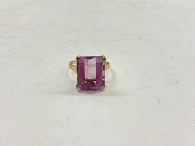 Lot 1162 - Amethyst single stone ring with a large rectangular step cut amethyst in 9ct gold setting