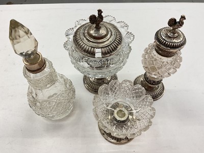 Lot 1157 - Silver collared cut glass scent bottle and three continental silver mounted cut glass condiments, two with cockerel knops