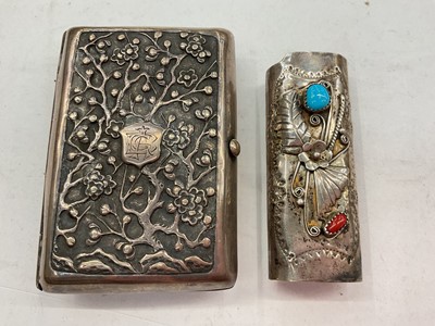 Lot 1159 - Chinese silver cigarette case with pergoda and blossom decoration, together with a silver (925) holder/mount