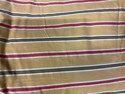 Lot 2551 - Pair of striped curtains - gold watered cotton with Regency stripes, interlined, triple pinch pleat