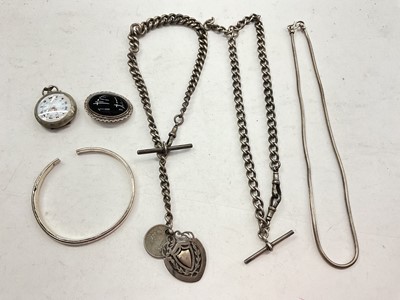 Lot 1172 - Two Edwardian silver curb link watch chains, silver snake link necklace, a white metal bangle, brooch and fob watch