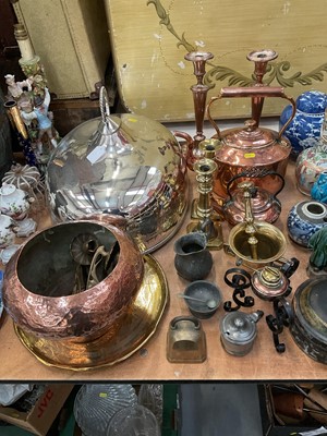 Lot 548 - Large silver plated serving dome, pair of old Sheffield plate candlesticks, toleware spice box and other metalwares.