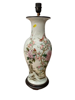 Lot 92 - Large Chinese 20th century famille rose porcelain vase converted to a lamp, decorated with birds, flowers, and calligraphy, 46cm high excluding mounts