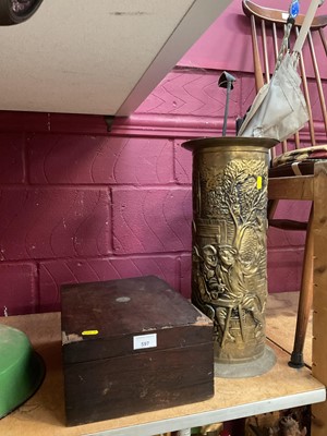 Lot 597 - Victorian mahogany work box together with a brass stick stand containing umbrellas and riding crop.